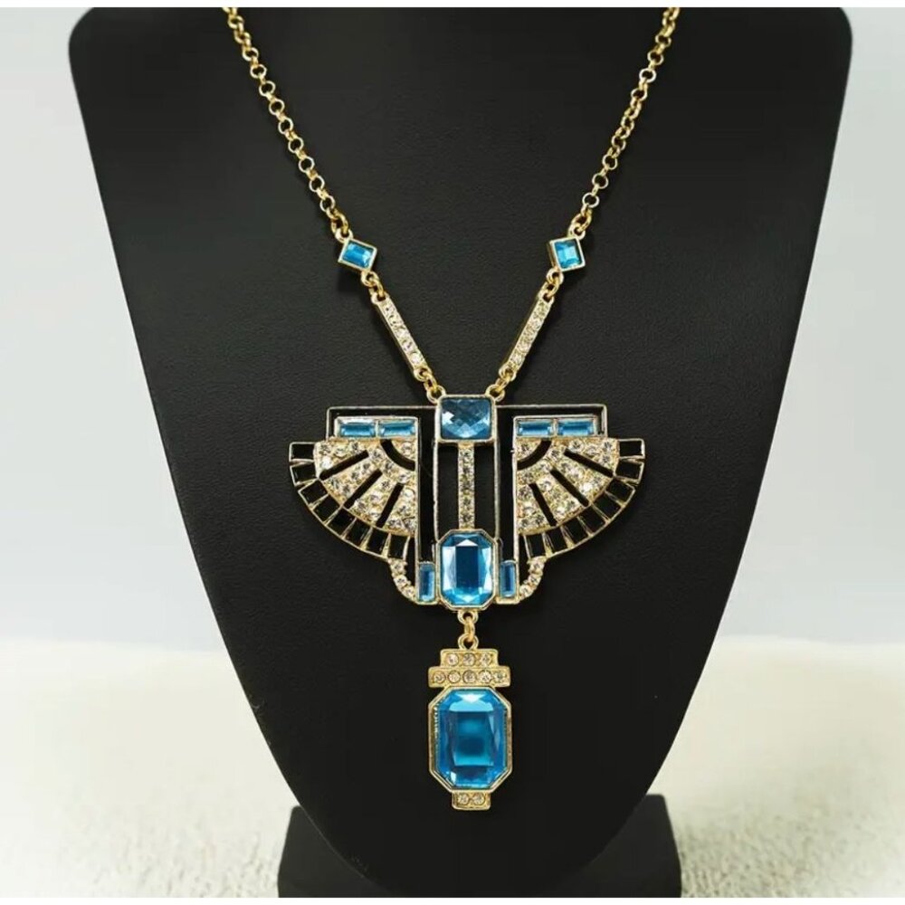 Art Deco Style Gold Tone Chain Blue Acrylic with Crystals Statement Necklace